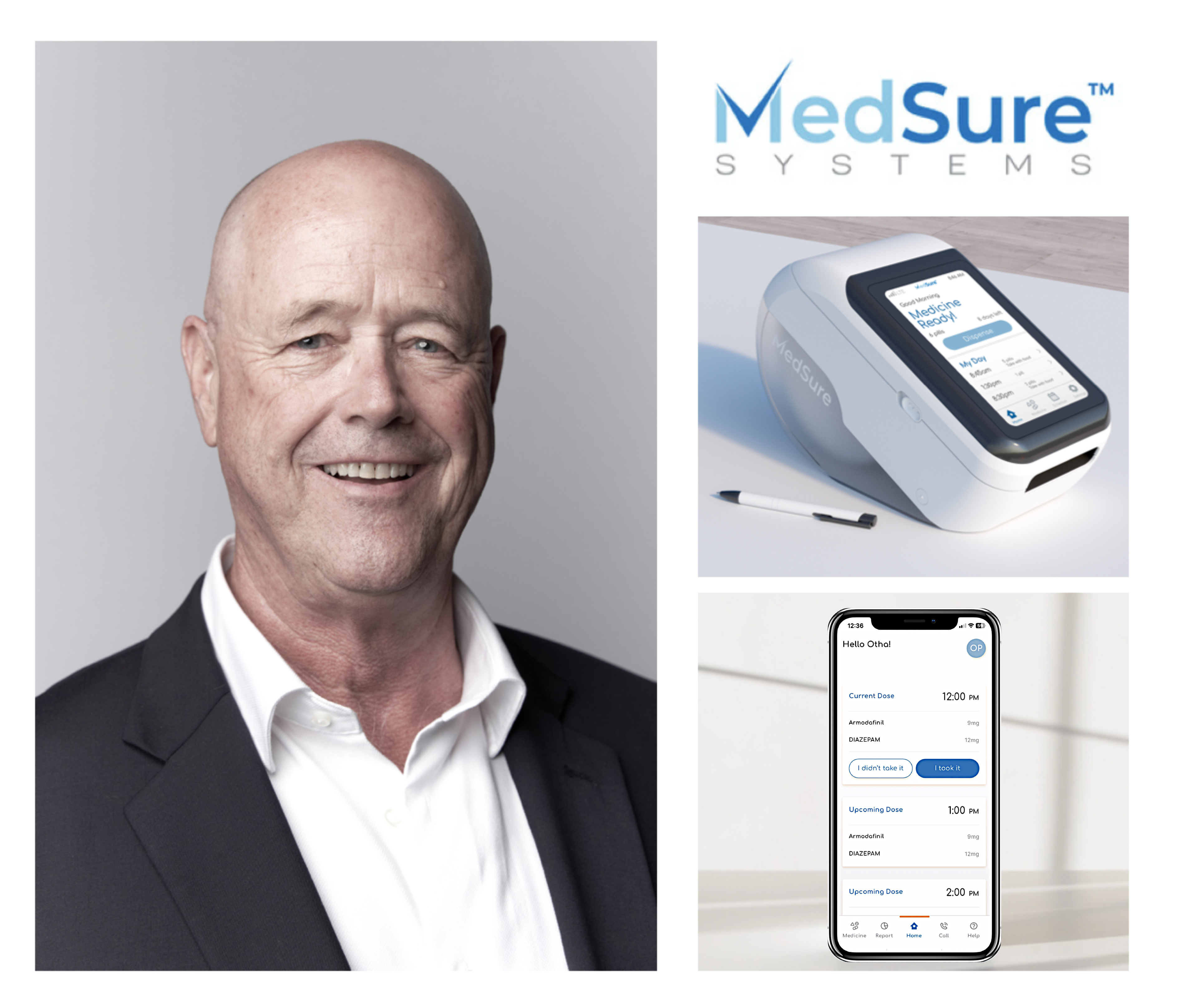 A collage of MedSure's Founder and CEO, Justin Monger, with an aMed device and the MedSure app on a cell phone.