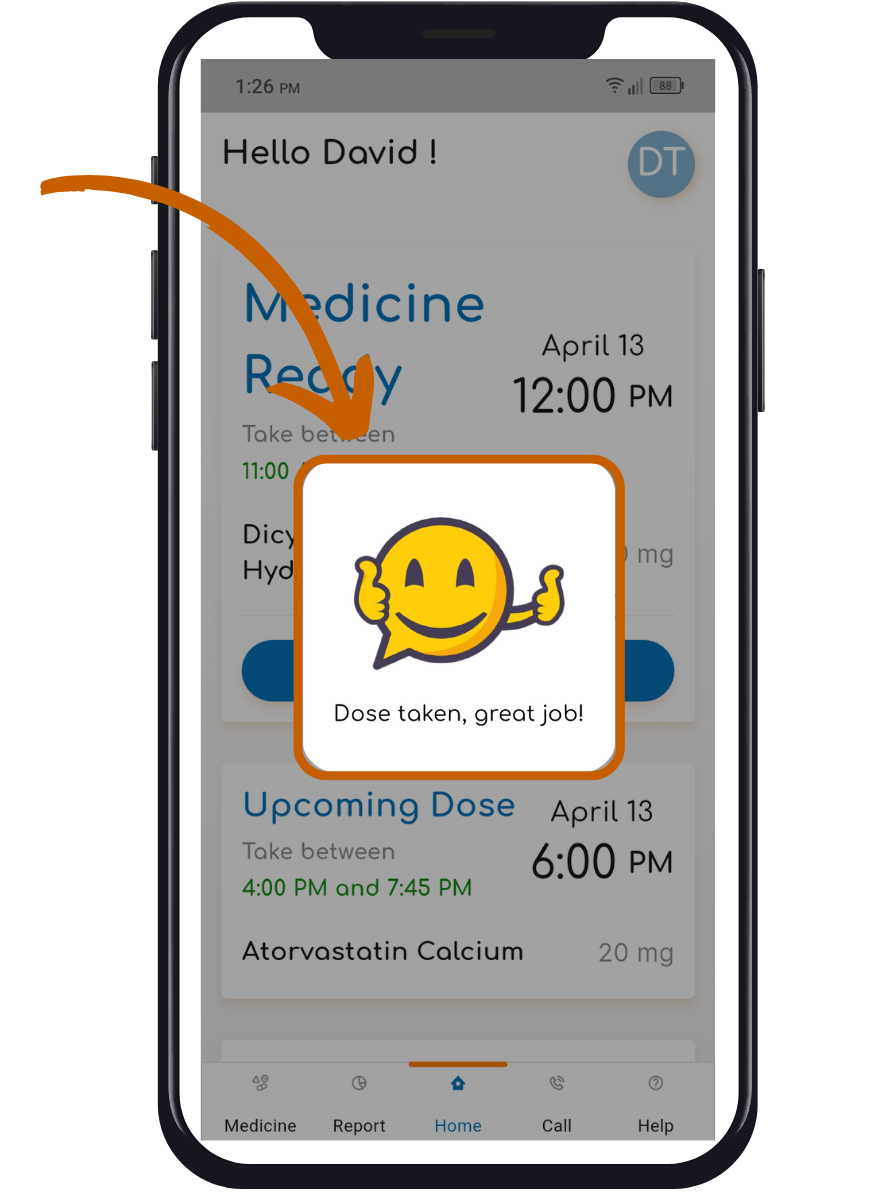 Dose taken image. There is a symbol of a smiley face with two thumbs up.